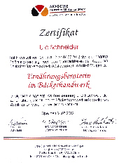 Zertifikat fürErnährungsberaterinim Bäckerhandwerk